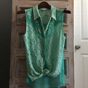 Miss Me Lace Embroidered Teal Top